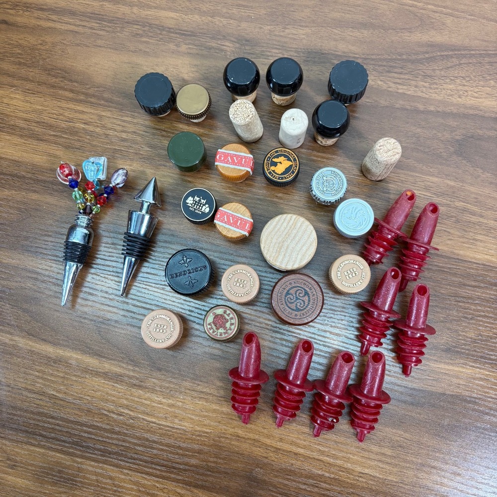Vintage Wine Stoppers Reusable Wine Pourers Metal and Wood Stoppers Lot of 34